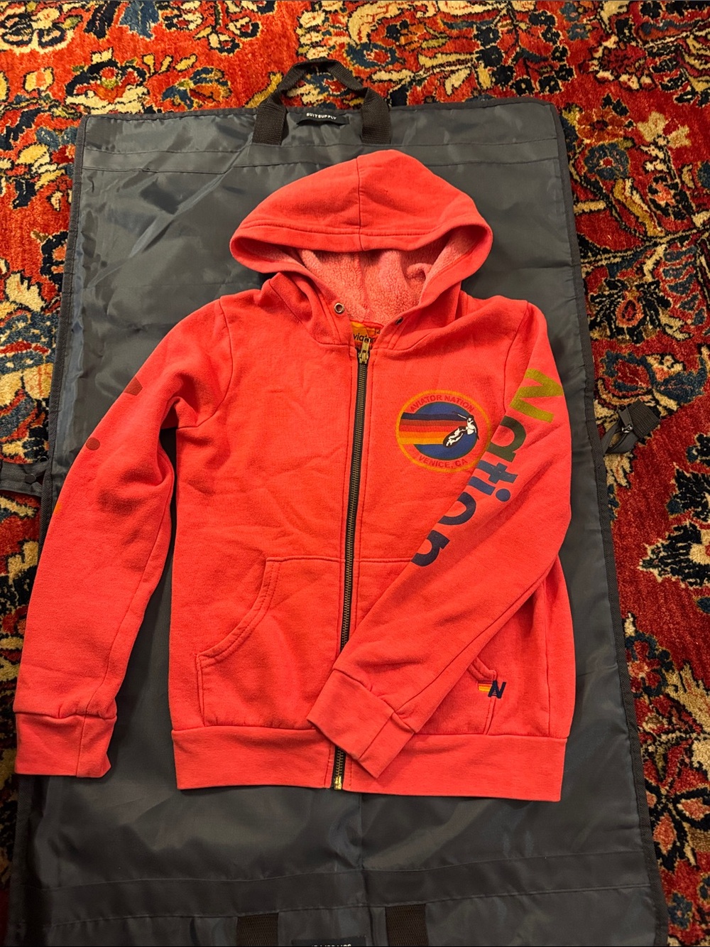 Aviator Nation Coral Red Zip Hoodie with Rainbow Chest Patch